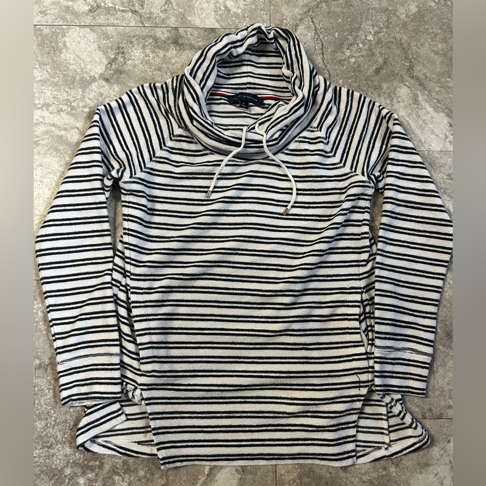 Tommy Hilfiger French Terry Black Striped Cowl Neck Sweatshirt Medium